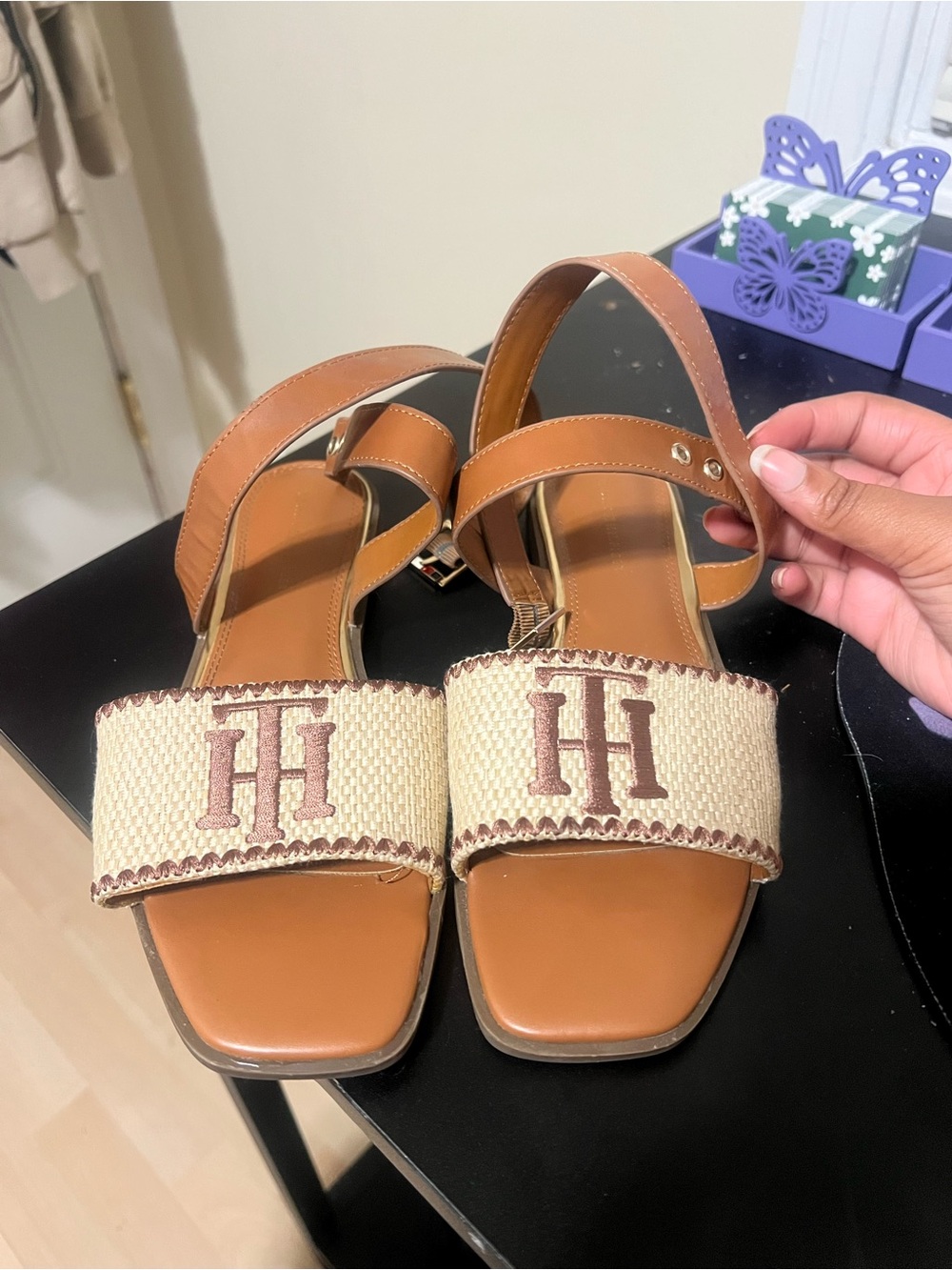 Tommy Hilfiger Tan Leather & Natural Canvas Logo Sandals
